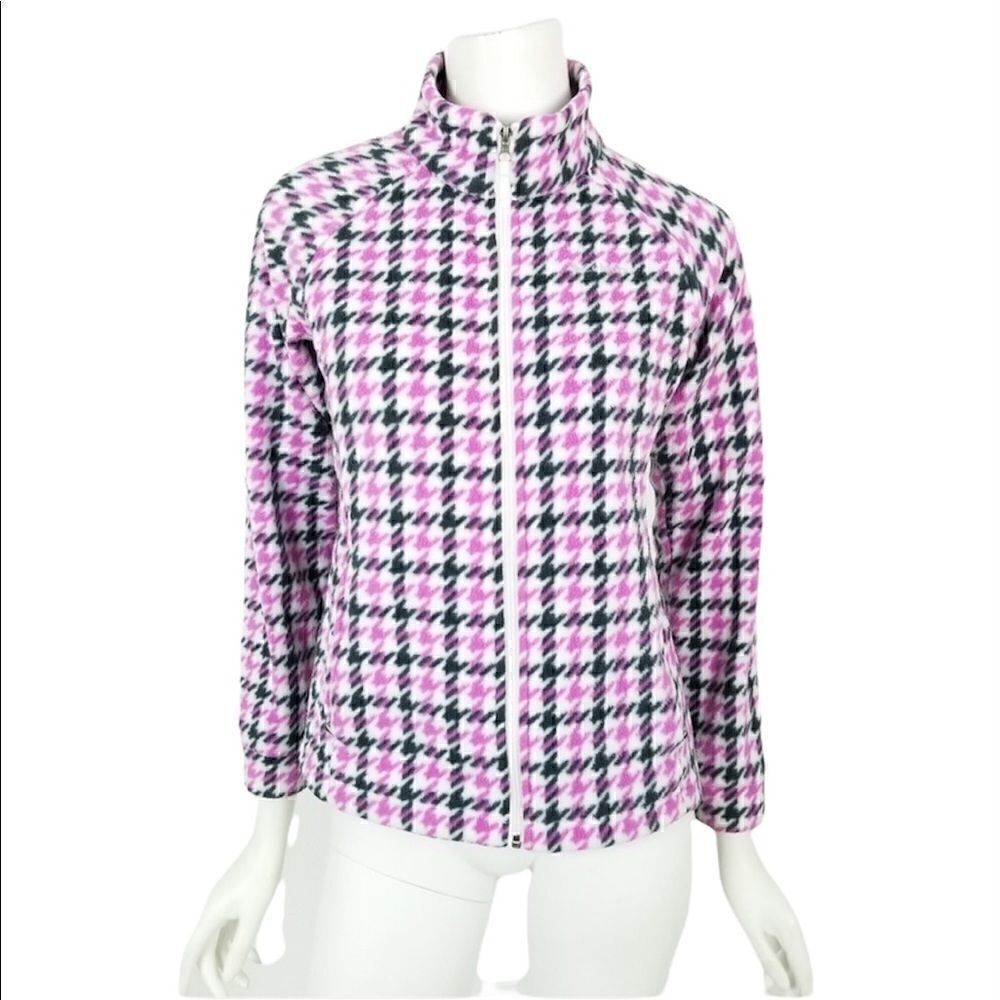 Columbia Girl's Size Large Pink & Black Houndstooth Zip Up Fleece Jacket